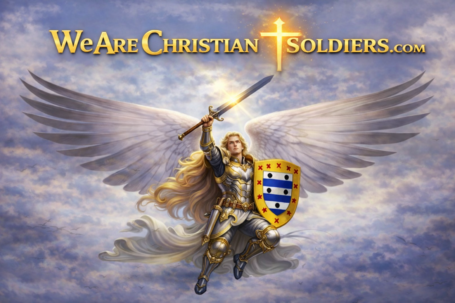 Angelic warrior with sword and shield in a cloudy sky, with the text 'WeAreChristianssSoldiers.com' and a glowing cross